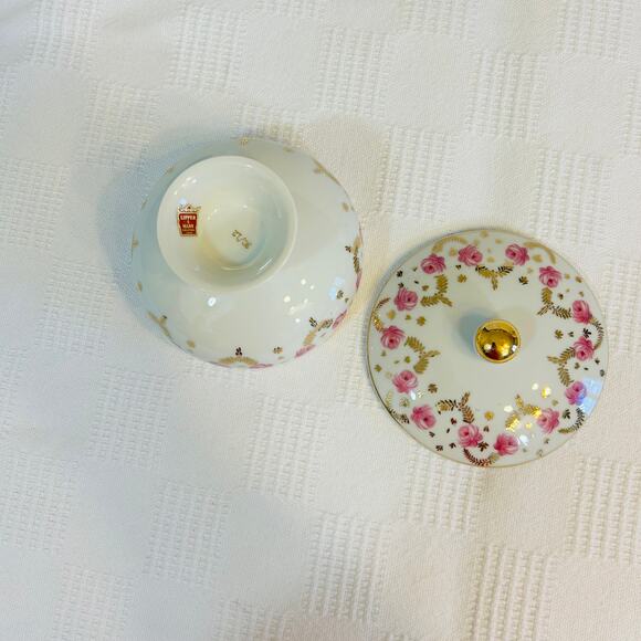 Pocelain Candy Dish Japan Lidded Pink Roses Gold Accents Lipper & Mann 30/12 - Picture 6 of 9